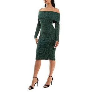Premier Amour Green Shimmer Off Shoulder Dress